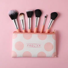Prolixr Professional Face Makeup Brush Set - With Prolixr's Pink Pouch - For Foundation, Contour, Blush, Concealer - Synthetic Makeup Brushes - Vegan & Cruelty Free - 6 Pieces