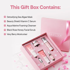 Prolixr Pretty In Pink Valentine Gift Box - Skincare Set | Revitalized, Hydrated, and Glowing Skin | (Sea Algae Clay Mask, Foaming Face Wash, Vitamin C Serum For Face, Face Scrub, Moisturizer)